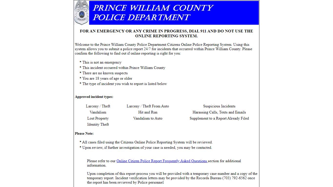 Citizens Online Police Reporting System - Prince William County, Virginia